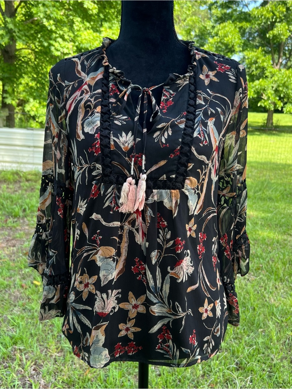 MAEVE Anthropologie Odette Peasant Floral Blouse Top Tassels Trumpet Sleeve S